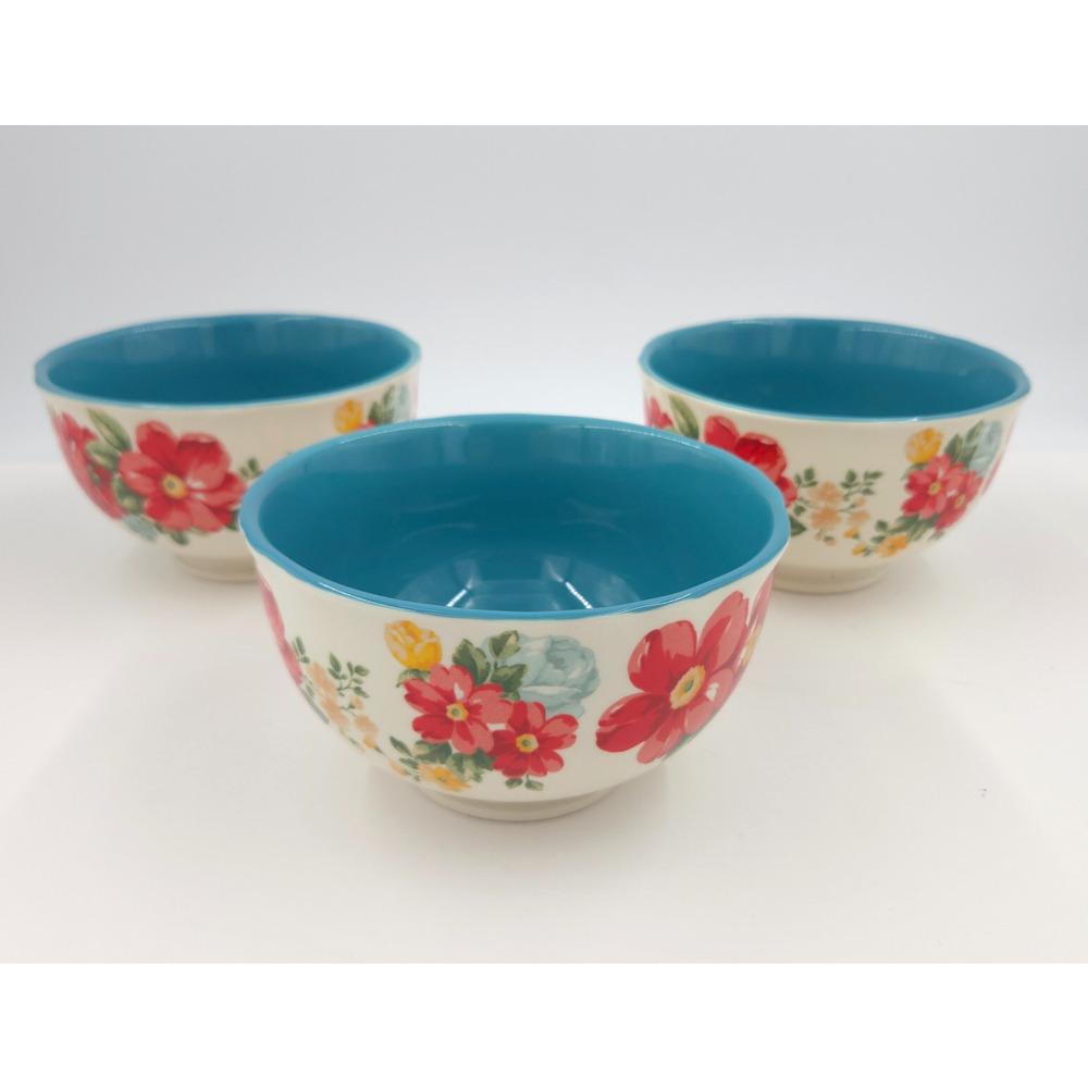 3 Three Pioneer Woman - Vintage Floral TEAL - 6" BOWL - Stoneware